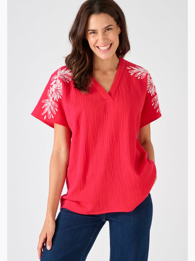 Blouse brodée en double gaze effet crêpé - Damart Rose fushia - Kiabi