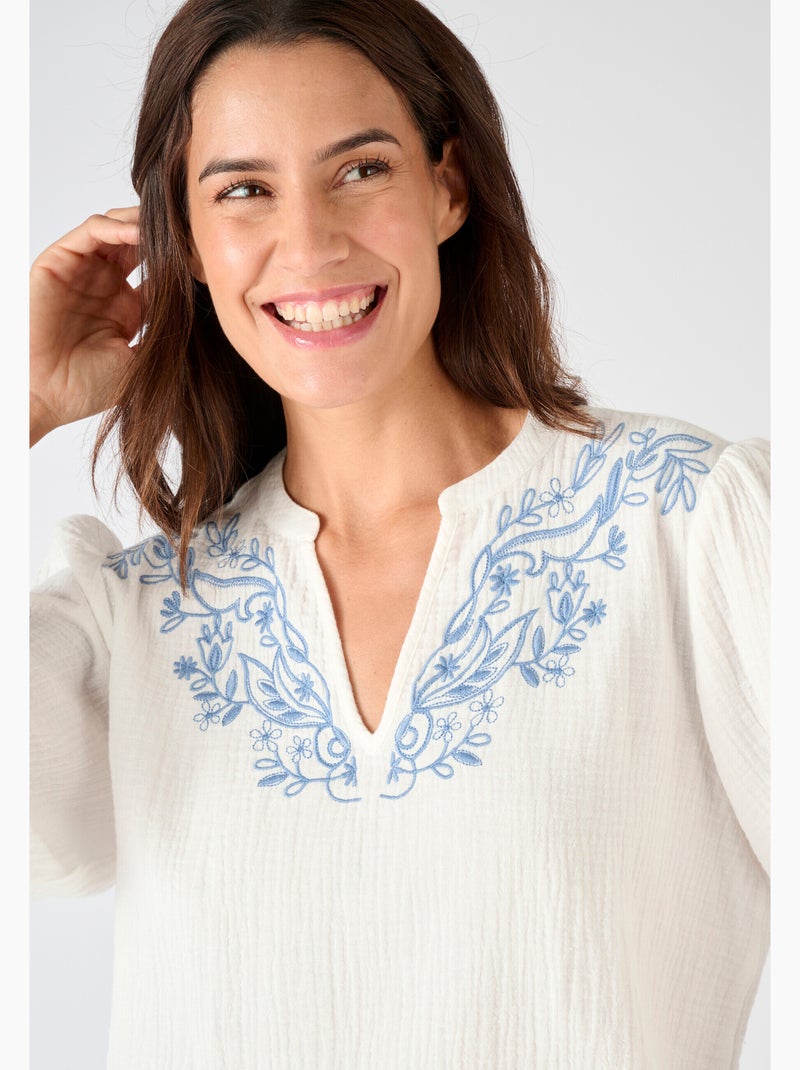 Blouse brodée en gaze de coton - Damart Blanc - Kiabi