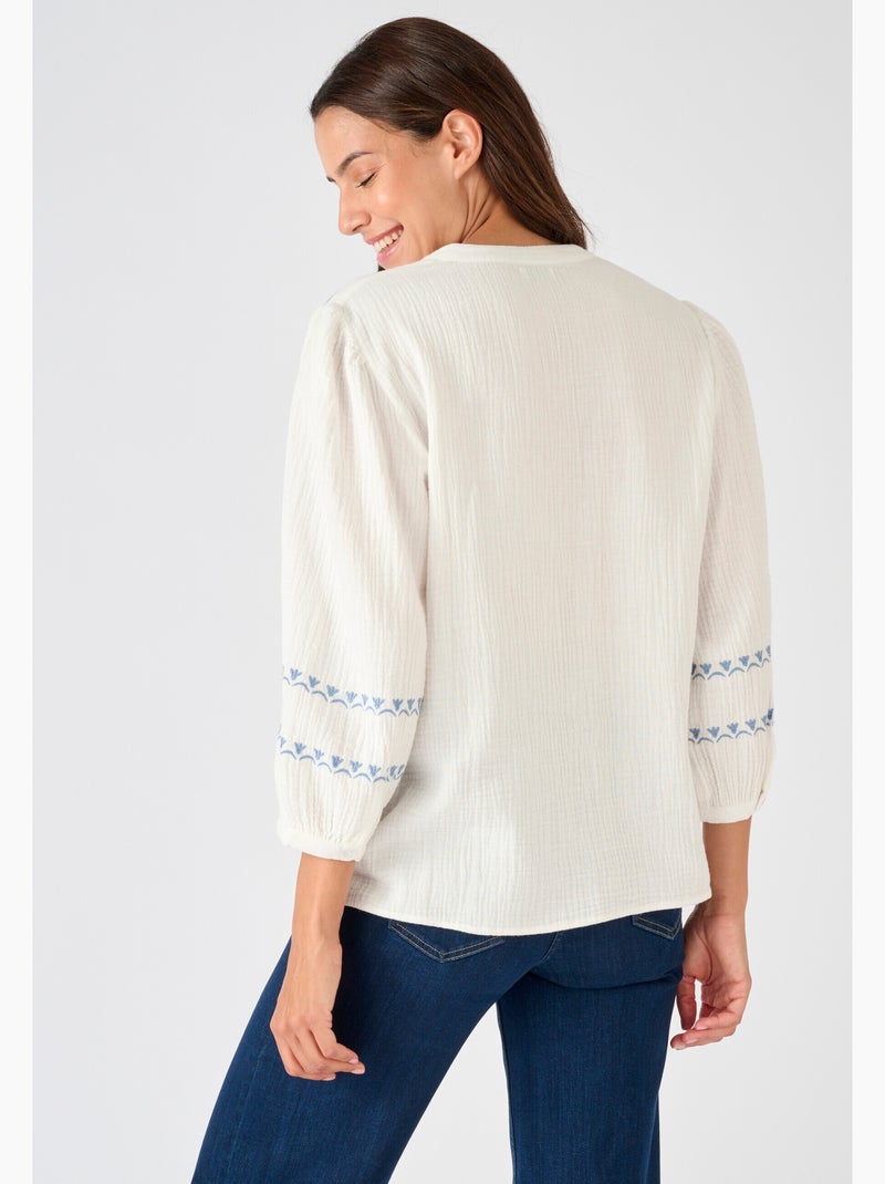 Blouse brodée en gaze de coton - Damart Blanc - Kiabi