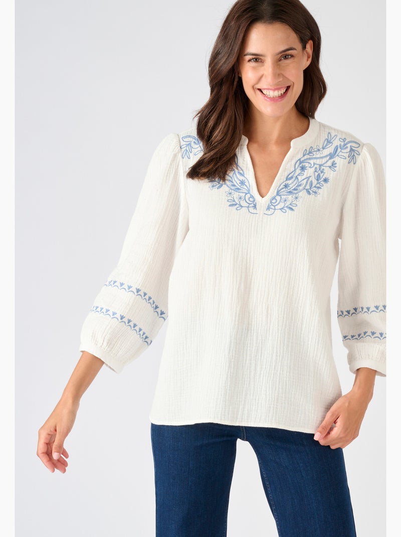 Blouse brodée en gaze de coton - Damart Blanc - Kiabi