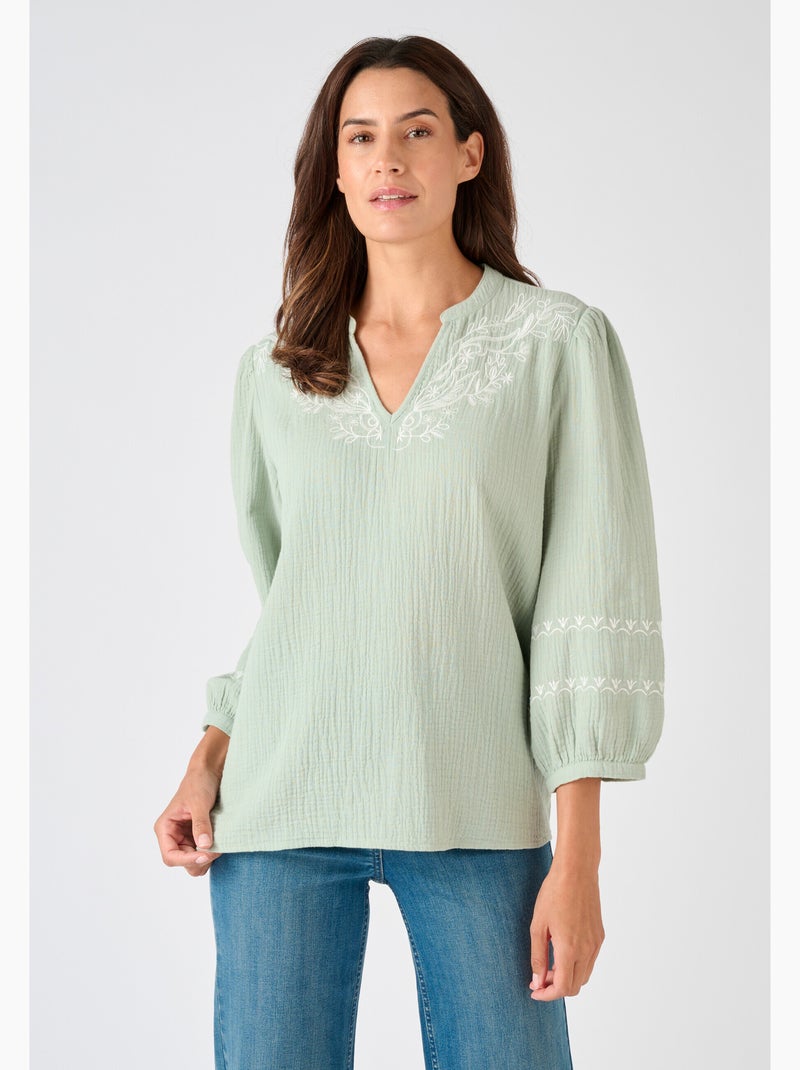 Blouse brodée en gaze de coton - Damart Vert - Kiabi