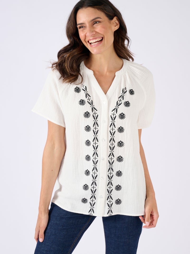Blouse brodée en gaze de coton biologique - Damart Blanc Ecru Blanc - Kiabi