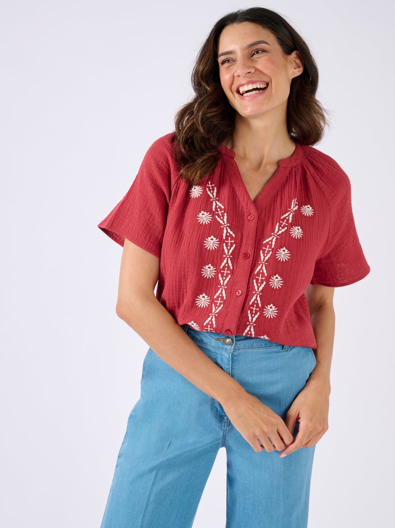 Blouse brodée en gaze de coton biologique - Damart Bordeaux - Kiabi