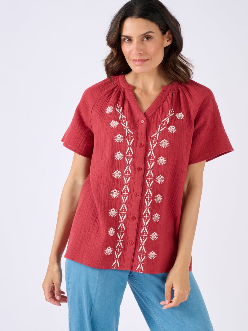 Blouse brodée en gaze de coton biologique - Damart Bordeaux - Kiabi