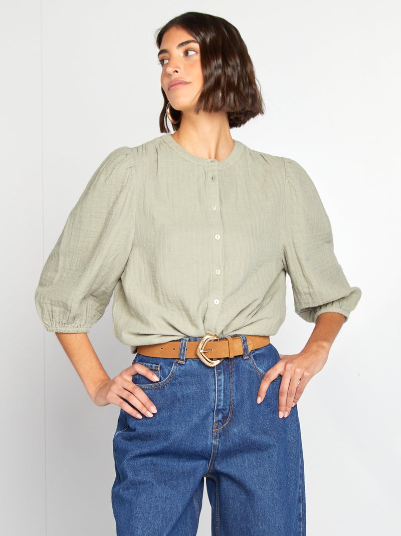 Blouse brodée en gaze de coton Kaki - Kiabi