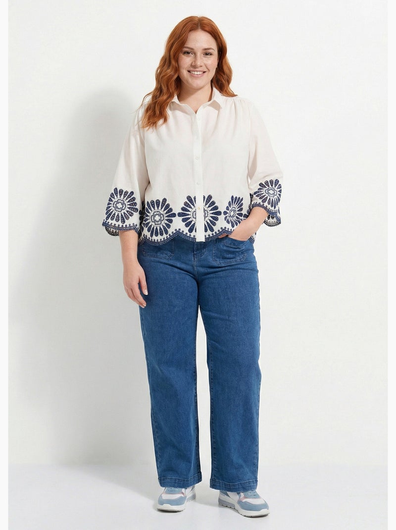 Blouse brodée et ajourée, col claudine - afibel Blanc - Kiabi