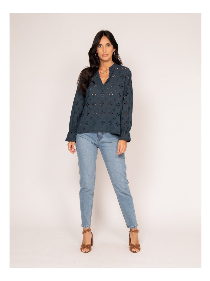 Blouse broderies anglaises FARNELL Bleu marine - Kiabi