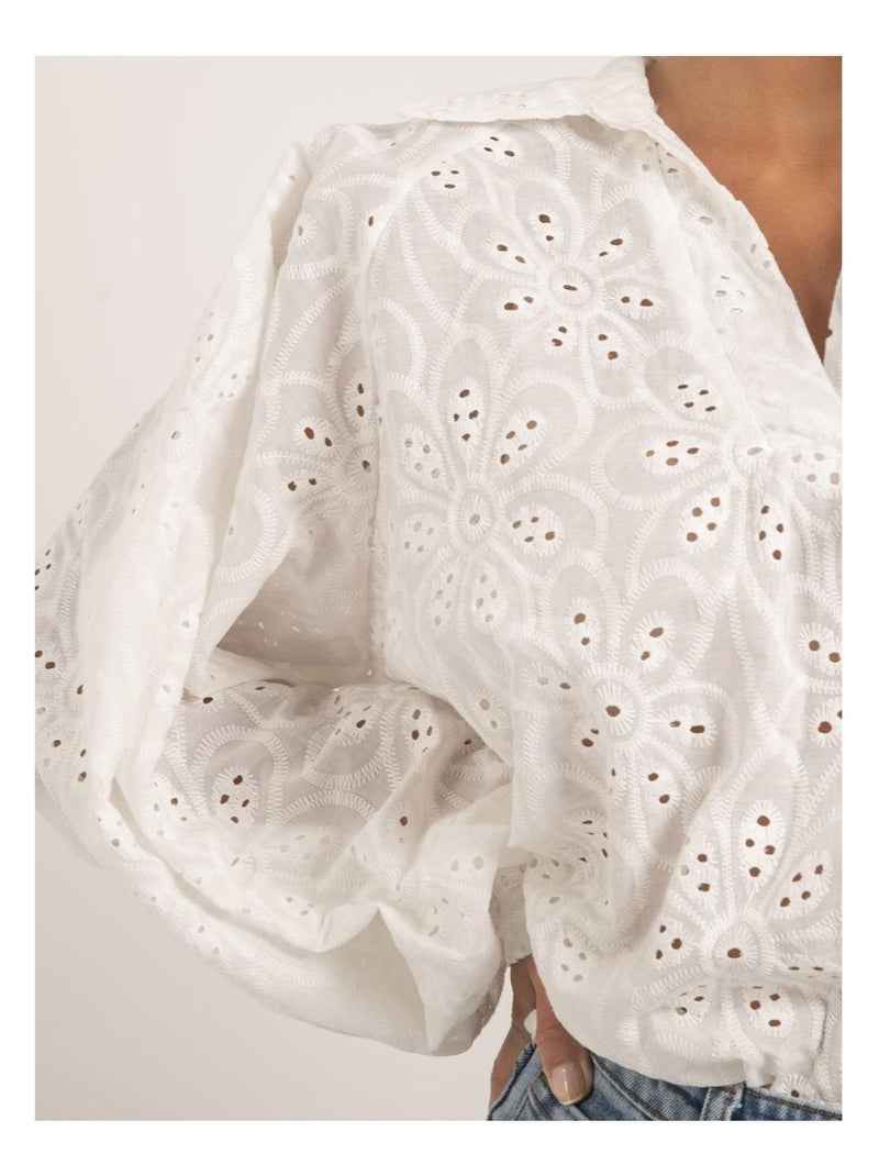 Haut Femme En Velours Blanc Brodé Anglaise - Taille XS, Comme Neuf Sans étiquette