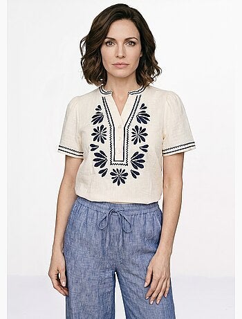 Blouse broderies fleuries col tunisien - afibel