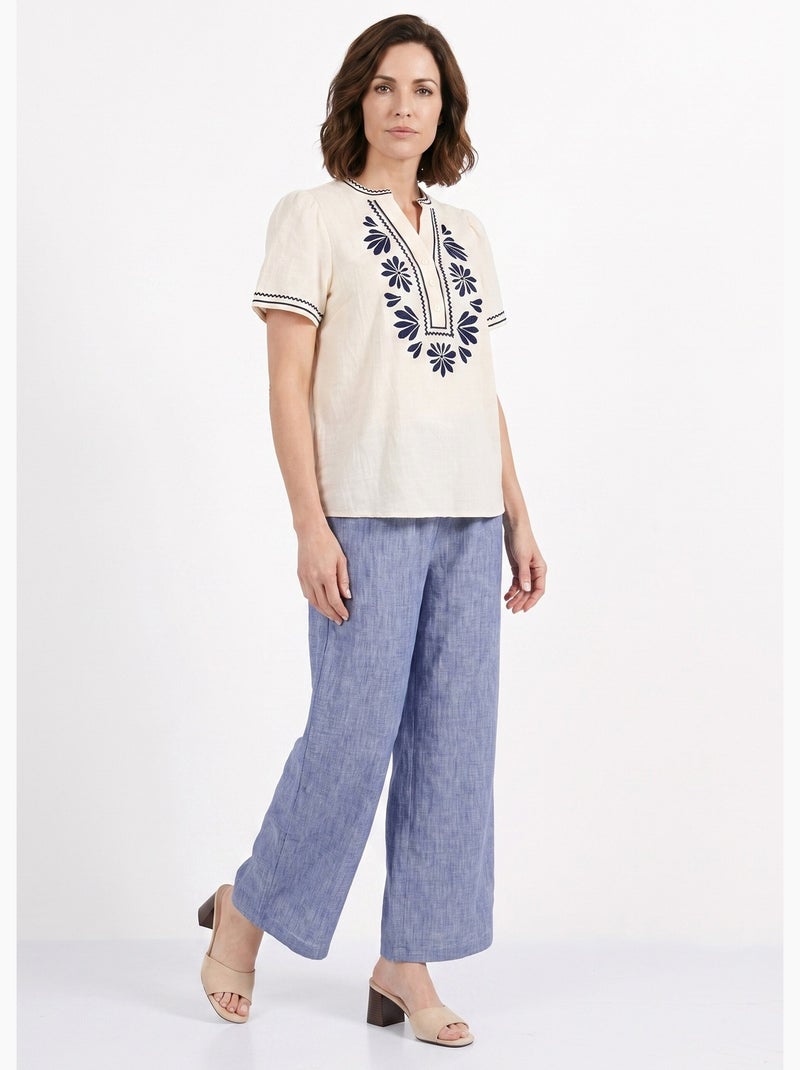 Blouse broderies fleuries col tunisien - afibel Bleu Ecru - Kiabi