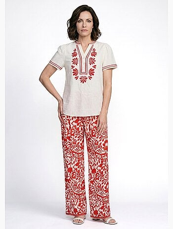Blouse broderies fleuries col tunisien - AFIBEL