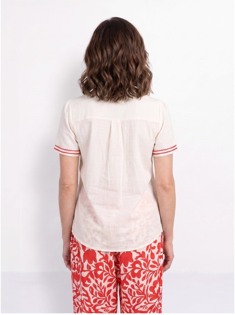 Blouse broderies fleuries col tunisien - AFIBEL Ecru/Rouge - Kiabi