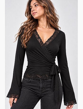Blouse cache-cœur à manches longues avec détails en dentelle et liens à nouer hiccup
