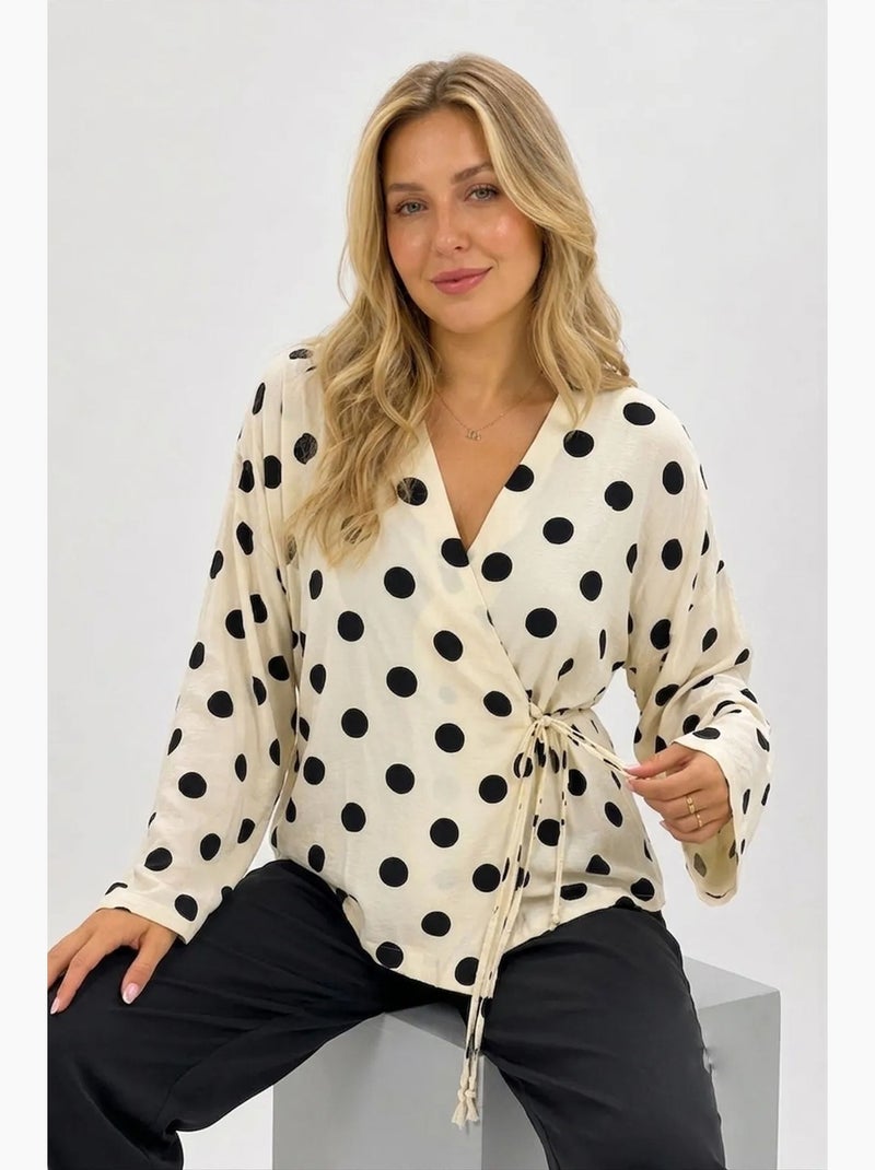 Blouse cache-cœur à pois avec lien bdart Blanc cassé - Kiabi