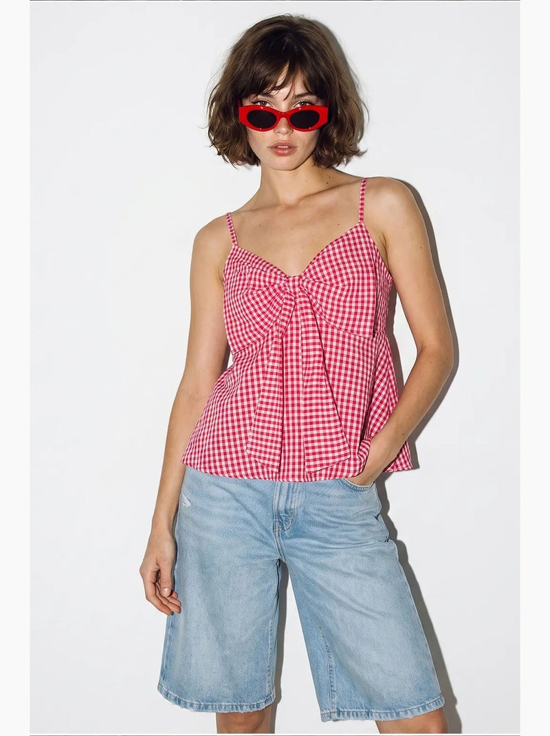 Blouse cami sans manches à col v et nœud lucci Blanc Rouge - Kiabi