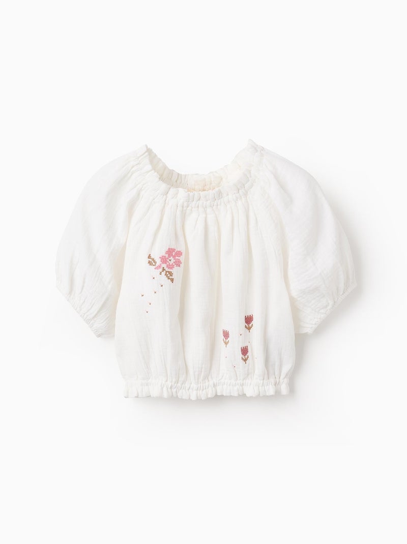 Blouse Camponaise en Gaze avec Point de Croix Beige clair - Kiabi
