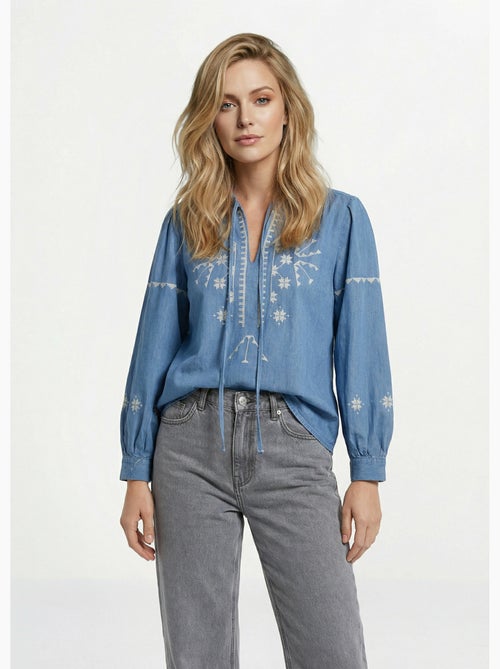 Blouse chambray broderies point de croix - AFIBEL - Kiabi