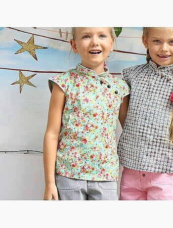 Blouse Chinoise à col Mao Fille Fleurie Liberty Vert ANNAM - 'LA FAUTE A VOLTAIRE'