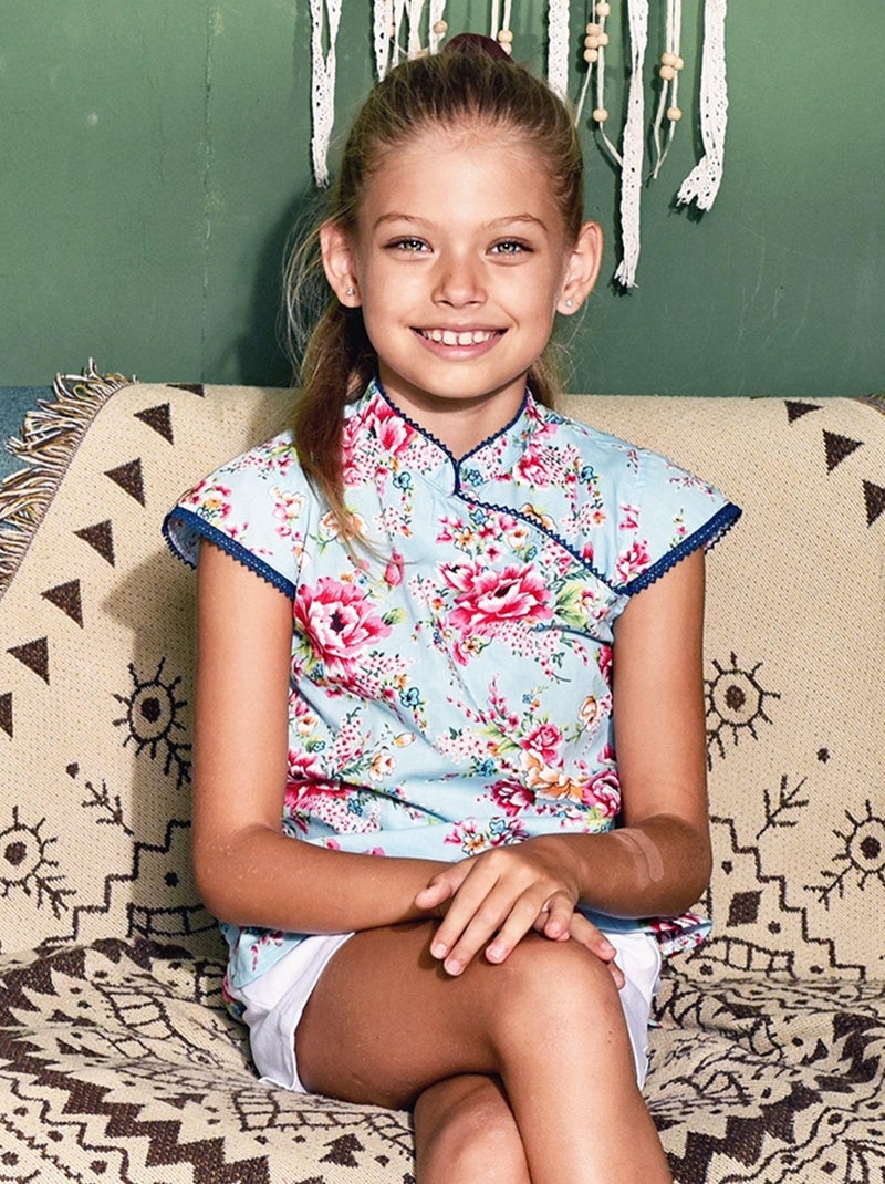 Blouse Chinoise Été Fille   Bleu Turquoise Rose  ANNAM - La Faute à Voltaire Bleu turquoise - Kiabi