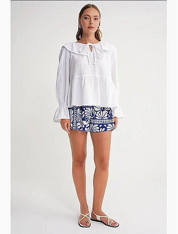 Blouse col châle à volants et lien à nouer mixray