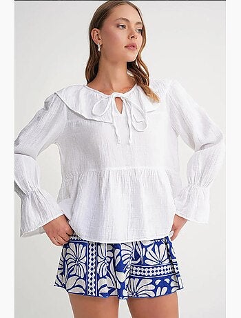 Blouse col châle à volants et lien à nouer mixray