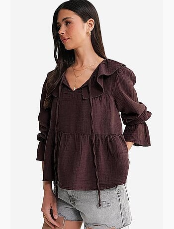 Blouse col châle à volants et lien à nouer mixray