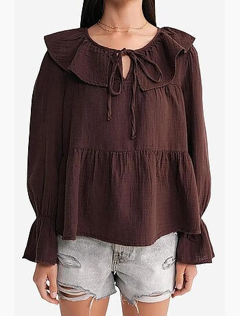 Blouse col châle à volants et lien à nouer mixray