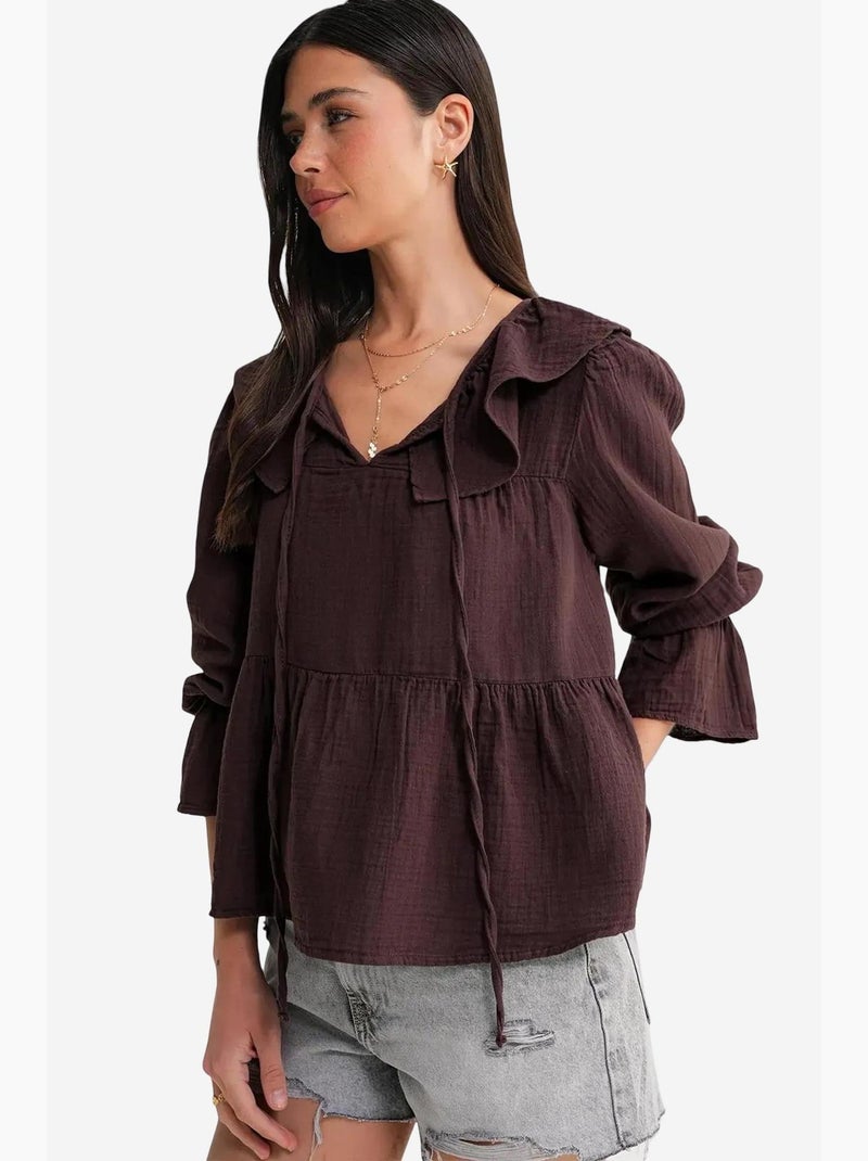 Blouse col châle à volants et lien à nouer mixray Marron foncé - Kiabi