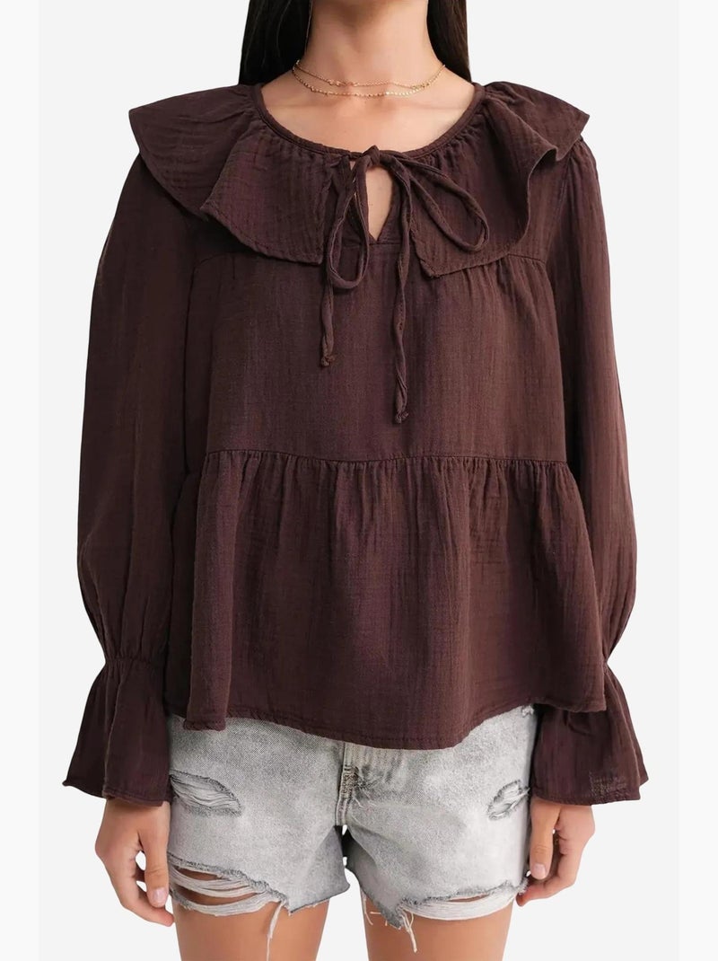 Blouse col châle à volants et lien à nouer mixray Marron foncé - Kiabi
