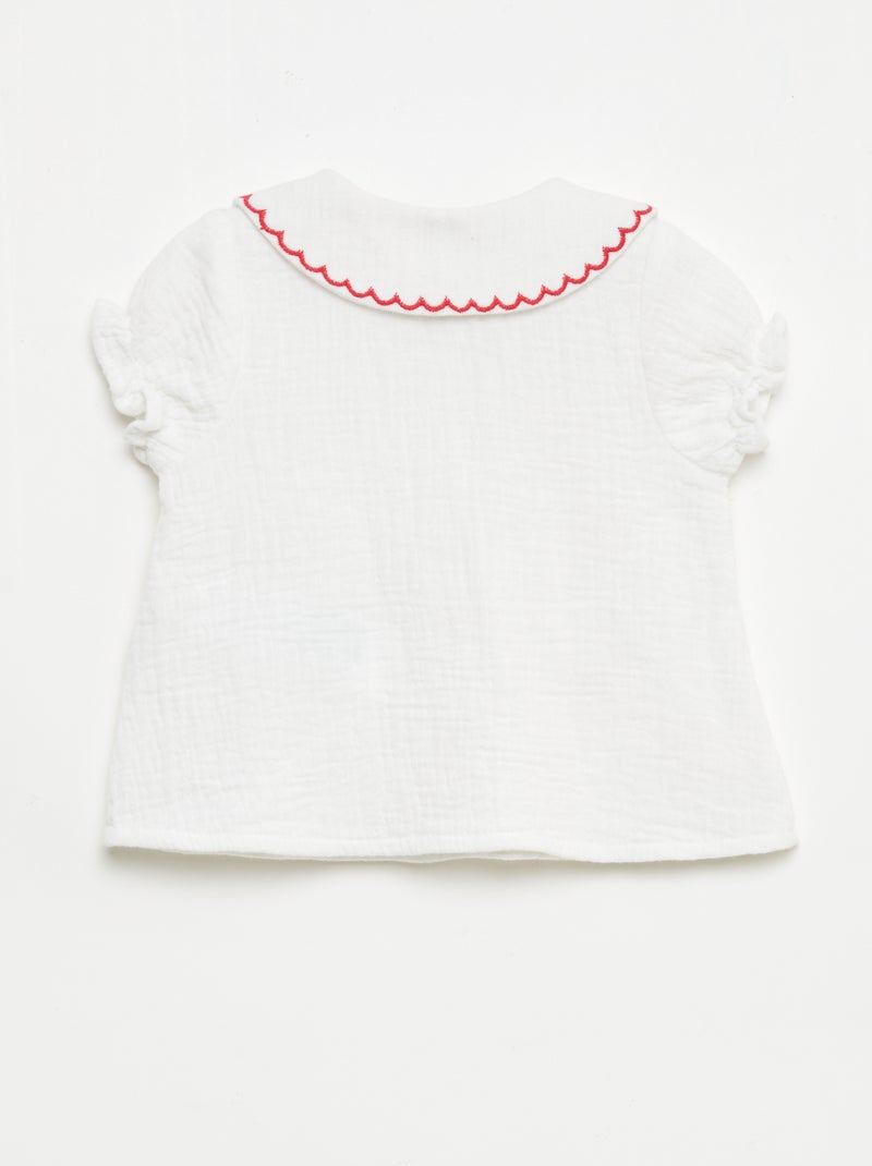 Blouse col Claudine et broderies 'cœurs' Blanc - Kiabi