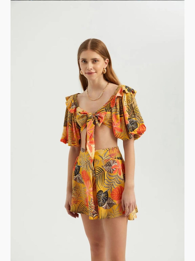 Blouse col cœur nouée manches bouffantes hiccup Jaune - Kiabi