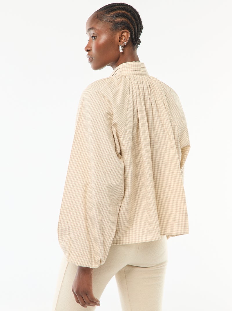 Blouse col lavalière à carreaux en coton Beige - Kiabi