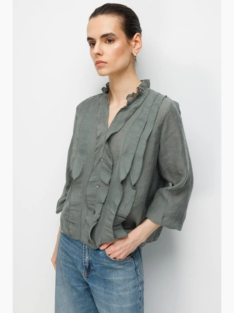 Blouse col mao à volants mixray Kaki - Kiabi