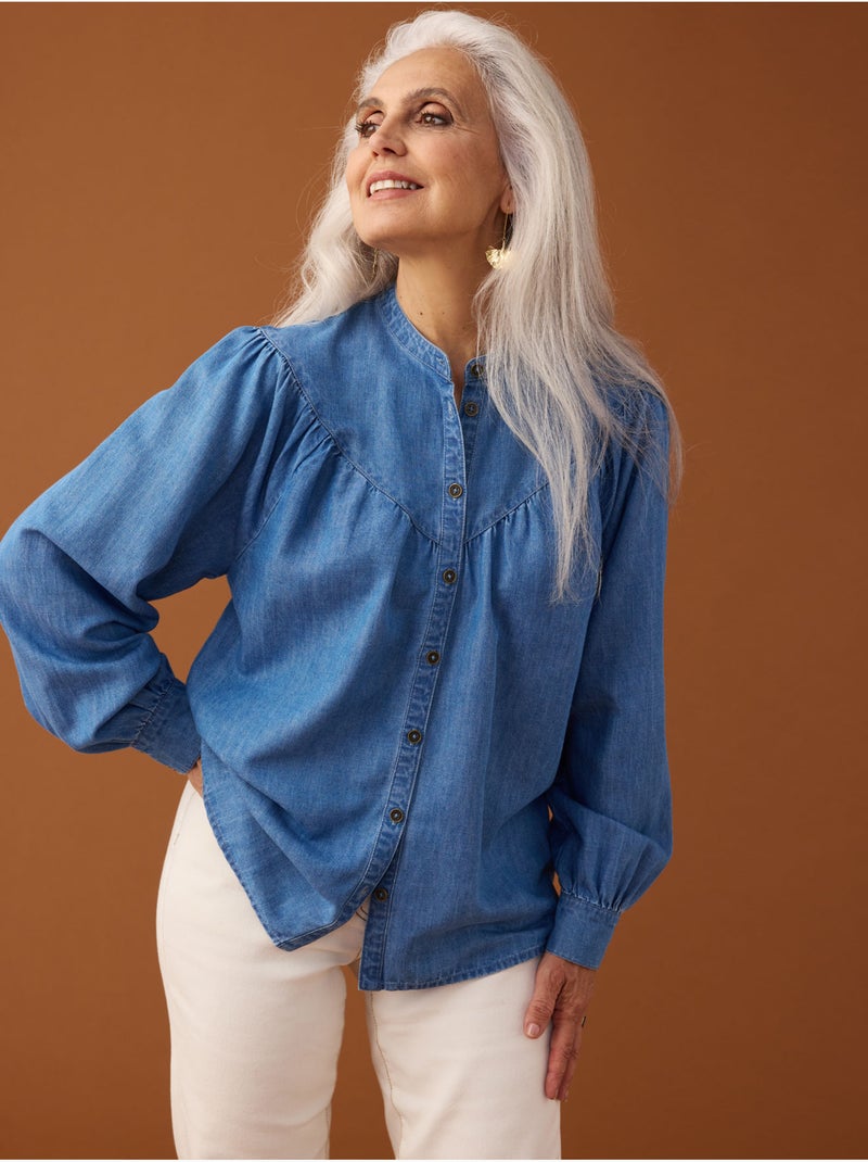 Blouse col mao denim fluide - DAXON Bleu - Kiabi
