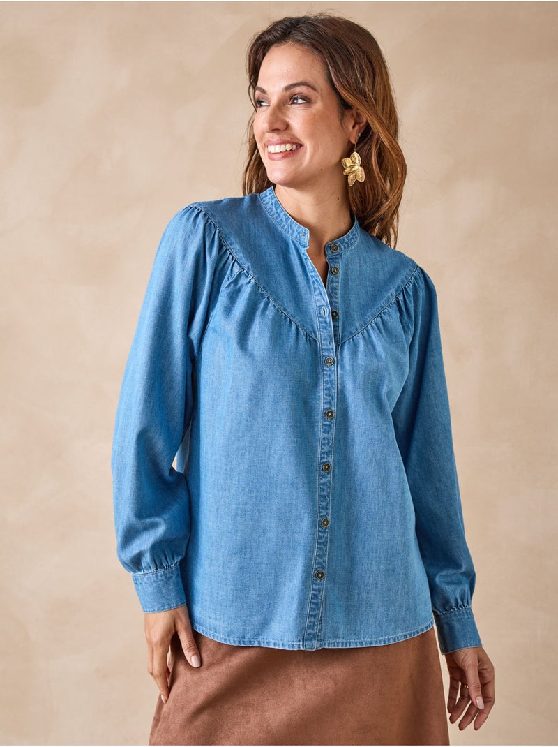 Blouse col mao denim fluide - DAXON Bleu - Kiabi