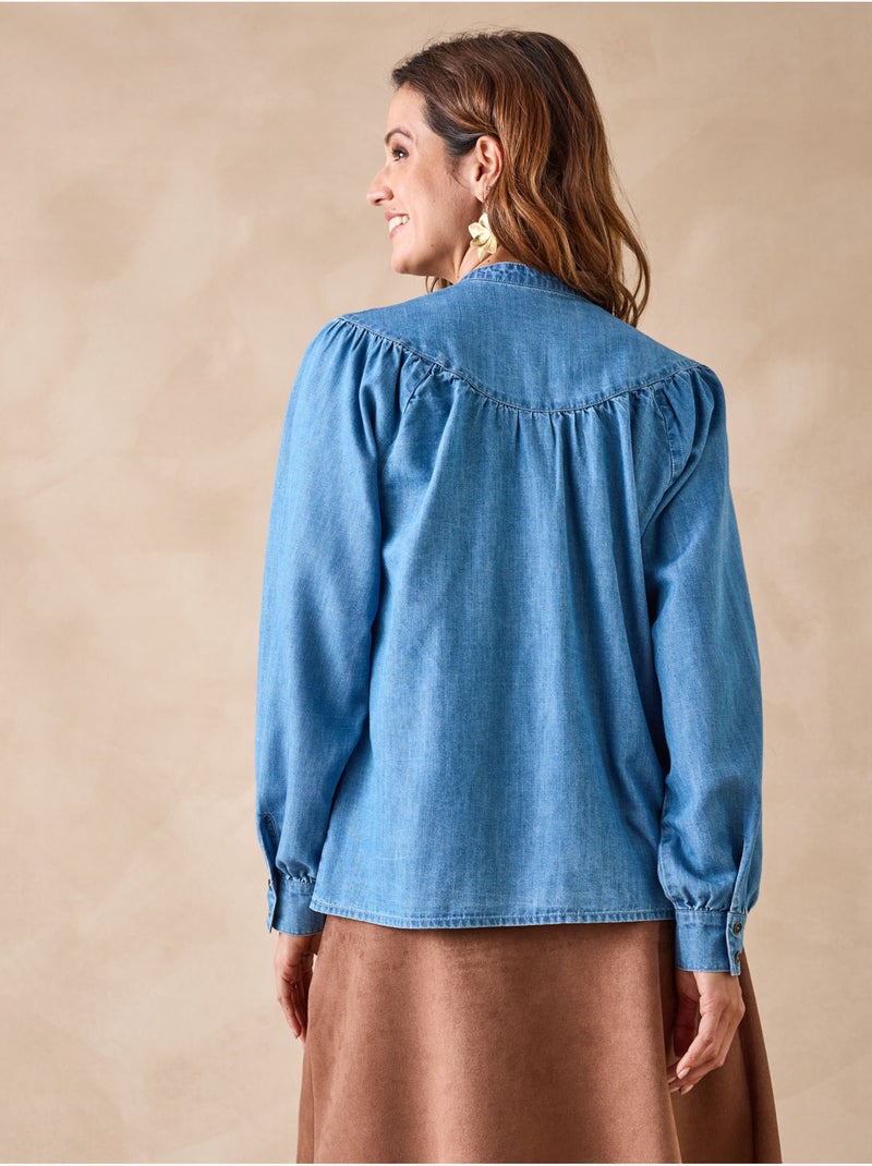 Blouse col mao denim fluide - DAXON Bleu - Kiabi