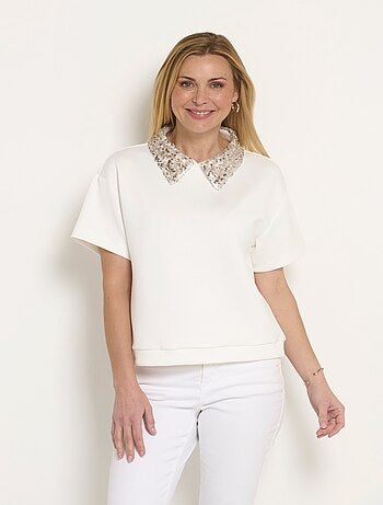 Blouse col pailleté sequins manches courtes