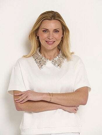 Blouse col pailleté sequins manches courtes