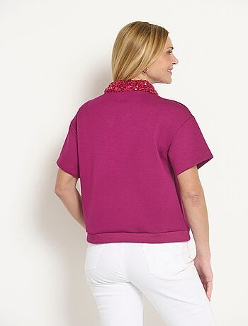 Blouse col pailleté sequins manches courtes