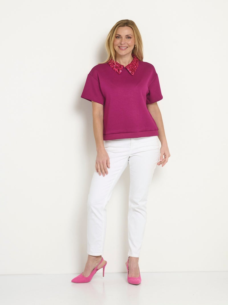 Blouse col pailleté sequins manches courtes Rose framboise - Kiabi