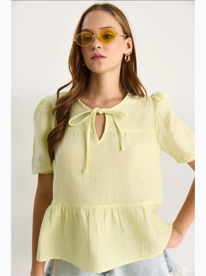 Blouse col rond détail lien lucci Jaune citron - Kiabi