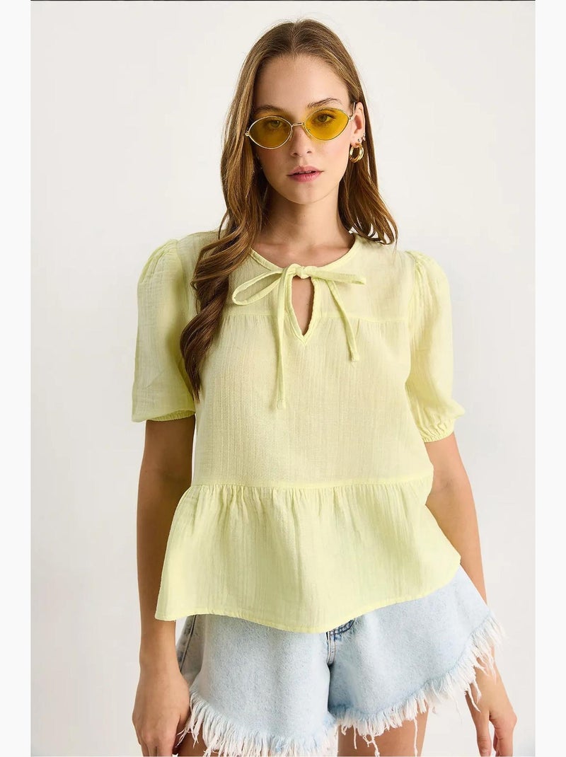 Blouse col rond détail lien lucci Jaune citron - Kiabi