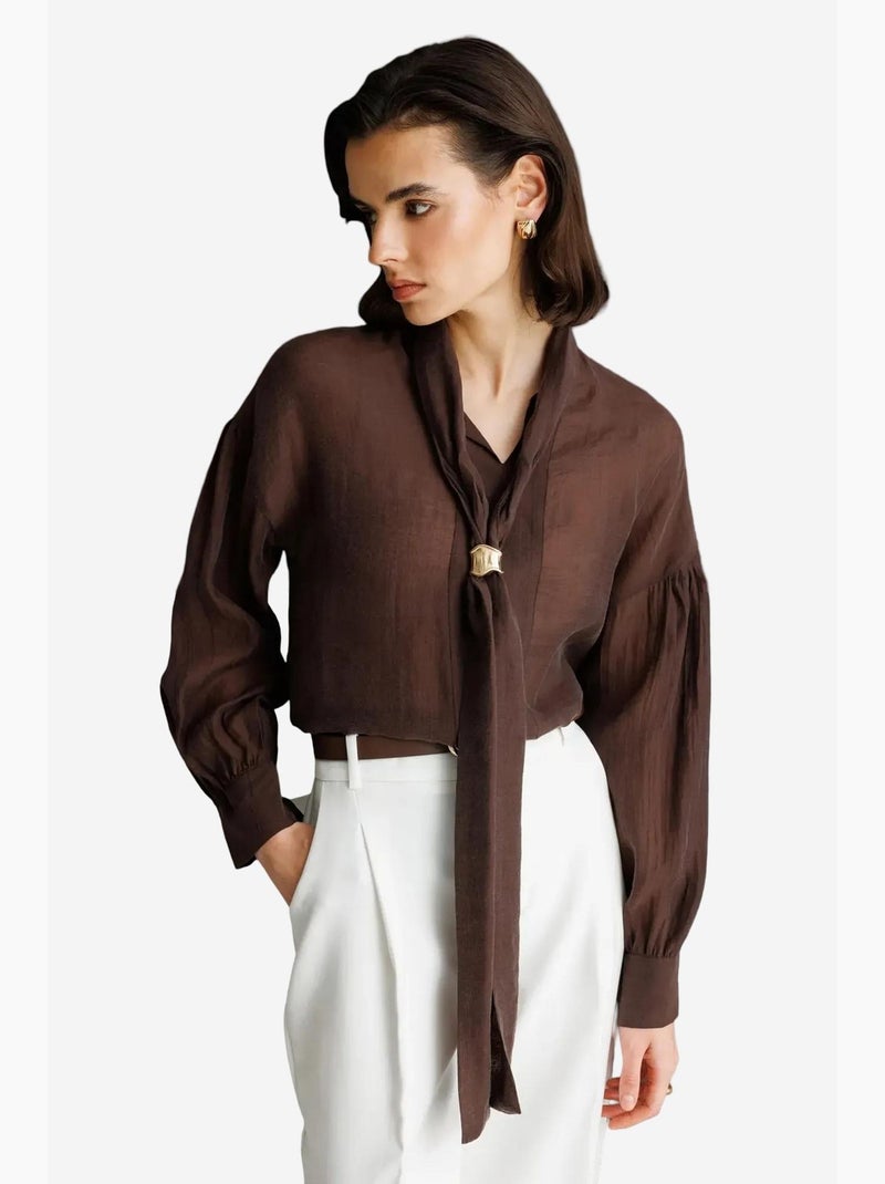 Blouse col v à lien mixray Marron - Kiabi