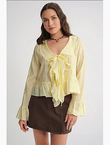 Blouse col v à volants et lien mixray