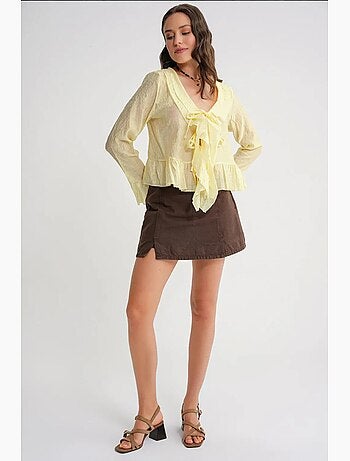 Blouse col v à volants et lien mixray