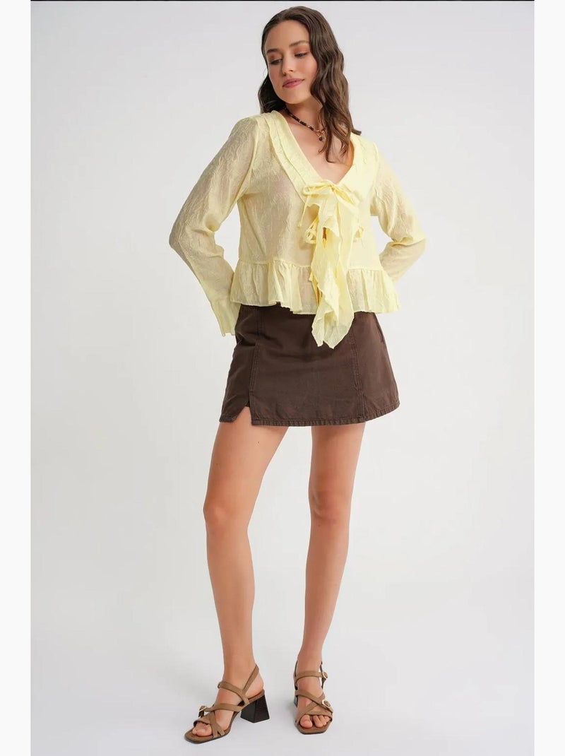 Blouse col v à volants et lien mixray Jaune citron - Kiabi