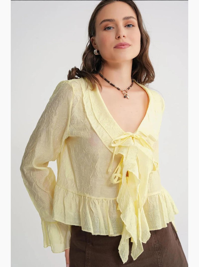 Blouse col v à volants et lien mixray Jaune citron - Kiabi