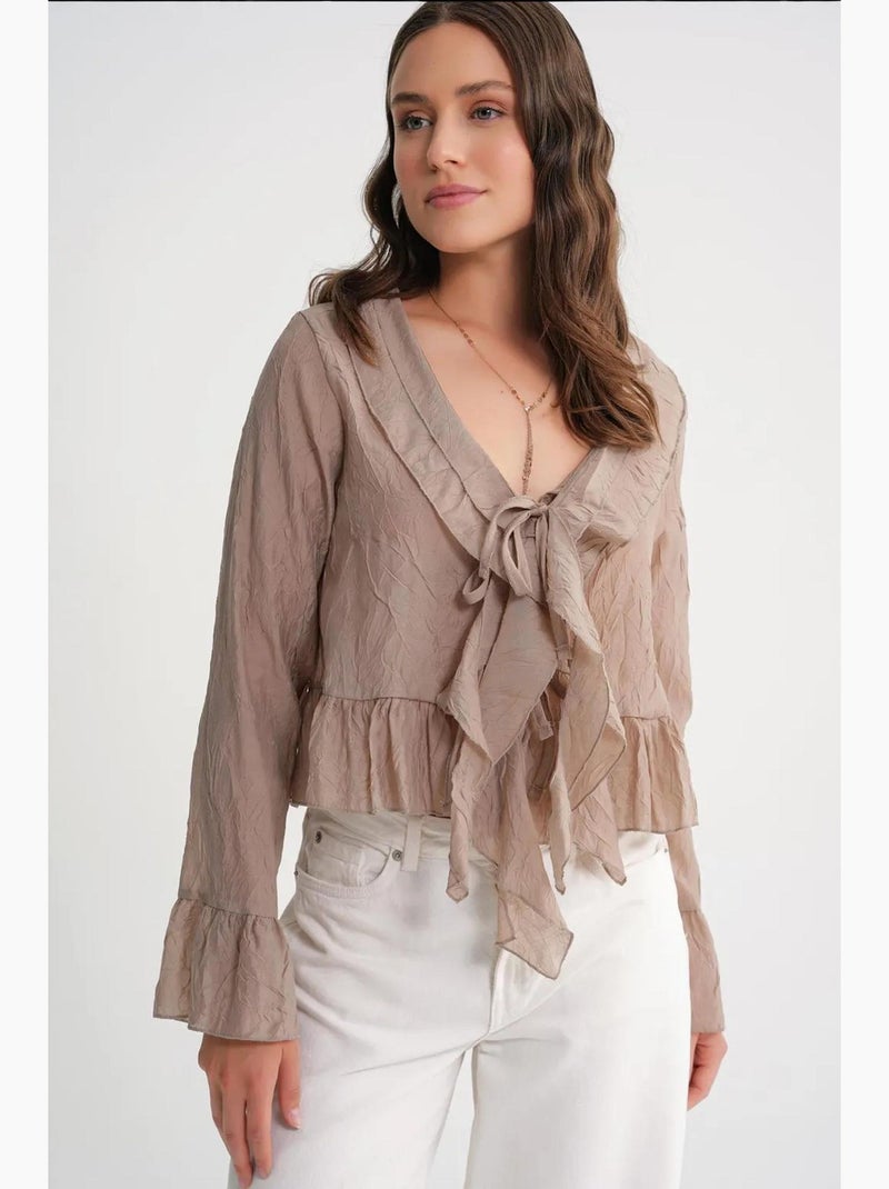 Blouse col v à volants et lien mixray Taupe - Kiabi
