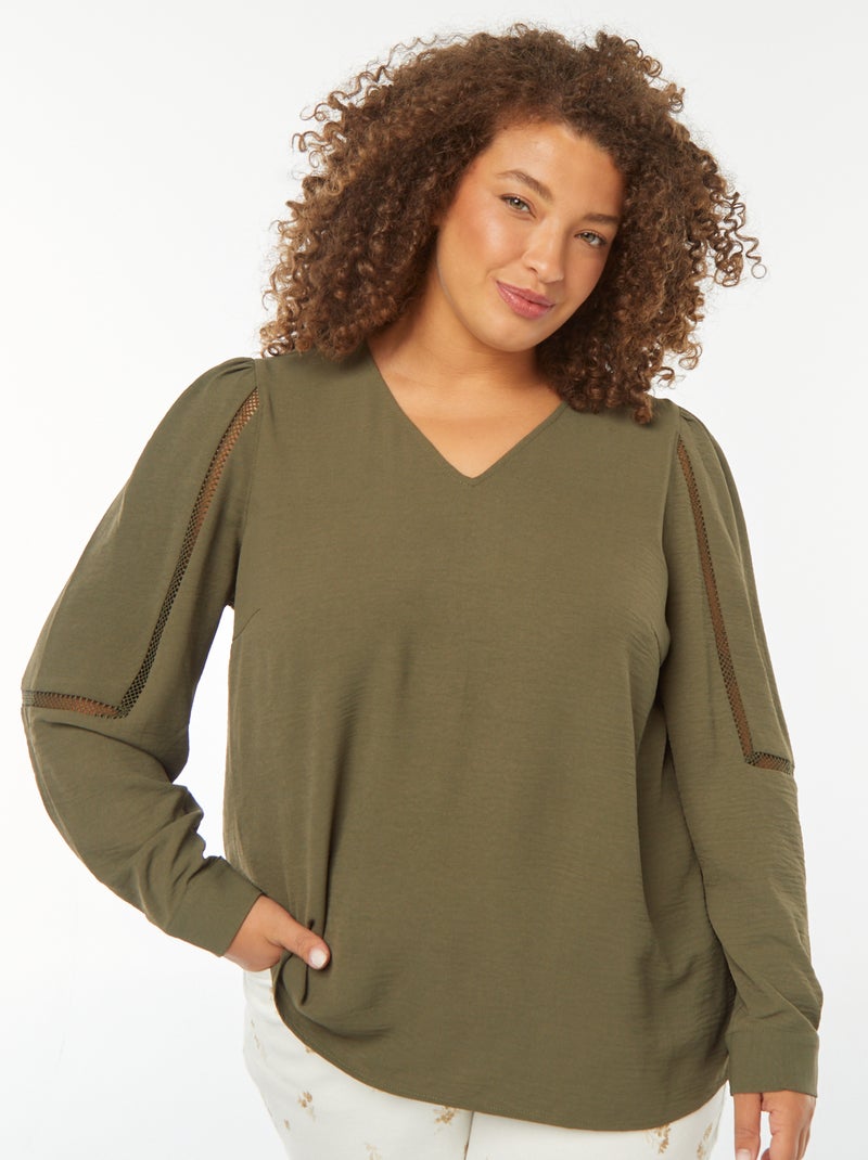Blouse col v avec détails en dentelle sur les manches Kaki - Kiabi