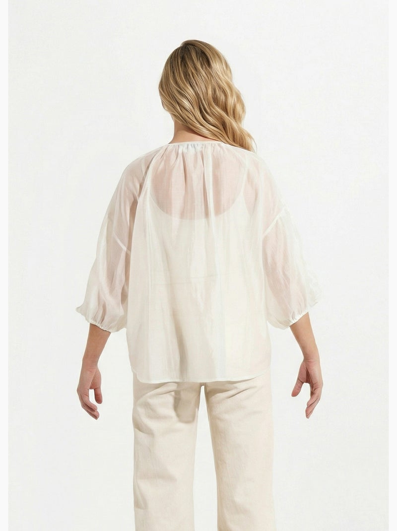 Blouse col V boutonnée à volants - AFIBEL Blanc - Kiabi